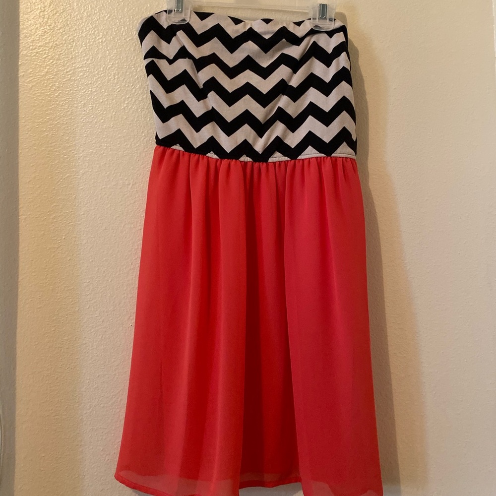 Strapless Coral and Patterned Dress